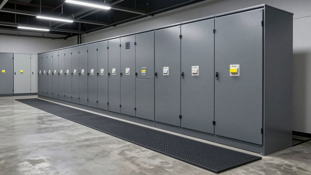 Elektrik pano odasında pano önlerine uygulanmış koyu gri yalıtkan paspas